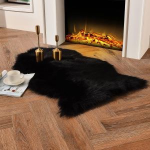 Tapis De Chevet En Peau De Mouton Noire Douce Et Confortable 60 X 90 Cm, Housse De Si&egrave;ge De Canap&eacute; En Fausse Fourrure Moelleuse Lavable En Machine - Neuf