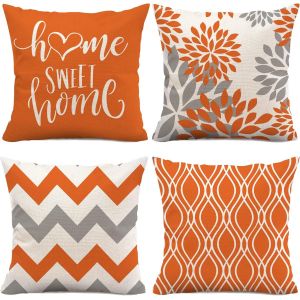 Lot De 4 Housses De Coussin Orange 45 X 45 Cm, Coussins Décoratifs Orange Pour Canapé, Housse De Coussin En Lin, Décoration D'extérieur Pour La Maison (Orange) - Neuf