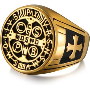 Trahoo-Bague Chevalière Saint Benoit De Nursie Pour Homme Bague De Protection Religieuse St Benoit Exorcisme Catholique Croix Romaine - Neuf