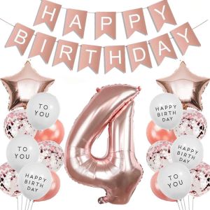 SJZG-D&eacute;coration Anniversaire 4 Ans Fille, Or Rose Ballon 4 Ans Fille, Kit Ballon Anniversaire Fille 4 Ans, Banni&egrave;re Joyeux Anniversaire, Ballon Chiffre 4 D&eacute;coration De F&ecirc;te D'Anniversaire Fille - Neuf