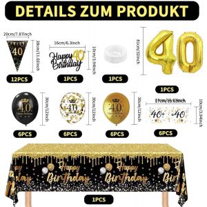 D&eacute;coration D'Anniversaire Pour Homme 40 Ans - Ballons Noirs Et Dor&eacute;s - Chiffre 40 - Ballons En Aluminium - Guirlande De Nappe - Cha&icirc;ne De Ballons - Kit De D&eacute;coration De F&ecirc;te D'Anniversaire - Neuf