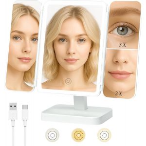 Vanity Mirror With Lights, Tri-Fold Magnifying Mirror, Tri-Fold Magnifying Mirror, Travel Makeup Mirror, Portable Makeup Mirror, Led Lighting, 3 Colors - Neuf
