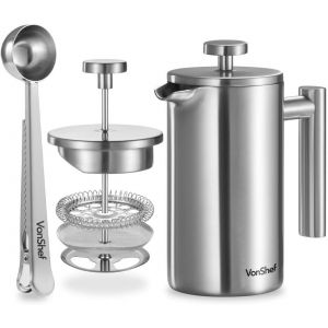 CMWS-Cafetière à Piston - French Press en Acier Inoxydable - Cafetière à Piston avec Filtre Lavable, Cuillère Doseuse/Pince de Fermeture de Sachet - Pour 3 Tasses, 350 ml - Neuf