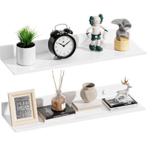 Cauc-Etagere Murale Blanche De 40 Cm, Moderne Tablette Flottante D&eacute;corative En M&eacute;tal, Rangement &Eacute;tag&egrave;re Murales Sans Percage Pour Chambre, Cuisine, Couloir, Bureau, Salle De Bain - Neuf