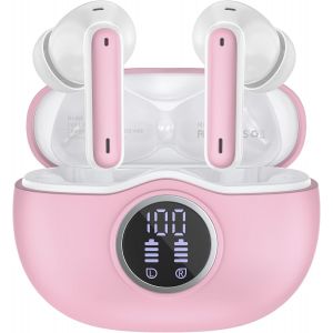 Casque Bluetooth, Écouteurs Bluetooth 5.3 Stéréo De Haute Qualité, 50 Heures De Lecture Avec Affichage Led, Écouteurs Avec 4 Microphones Écouteurs Bluetooth Étanche Ip7 Pour Sport, Rose Pâle - Neuf
