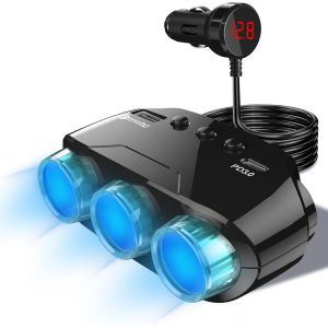 JGD-Allume Cigare Adaptateur, 122W 12/24V 5 in 1 3 Prises Adaptateur Allume Cigare Diviseur Prise acec USB QC3.0 et USB-C PD 3.0 Ports, avec Interrupteur et LED Affichage de la Tension pour i-Phone - Neuf