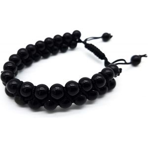 Kalsw-Bracelet Double Couche Fait &Agrave; La Main En Obsidienne Noire-Perles De 8 Mm-Fermoir Variable-Pour Homme Et Femme-Spiritualit&eacute; Inde-Gu&eacute;rison - Neuf