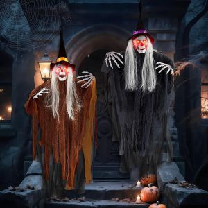 2 Pi&egrave;ces Decoration Halloween Exterieur, 105*80cm D&eacute;co Squelette Halloween Interieur, Effrayante Suspension Fantome Sorciere Crane Halloween, Yeux Brillants Sorciere Halloween Deco - Neuf