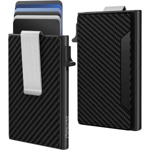 Credit Card Holder with Minimalist RFID Blocking, Carbon Fiber Small Men's Wallet with Money Clip, Pop-Up Wallets in Aluminium | Capacity of 8 Cards | Gift Idea for Men, Carbon Fiber-Black, Minimalist - Neuf