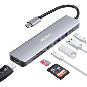 JGD-7 en 1 Hub USB C Adaptateur avec HDMI 4K, Lecteur de Carte SD/TF, Port de Transfert de donn&eacute;es USB C, 2 Ports USB, Charge 87 W Compatible avec MacBook Pro/MacBook Air/XPS et Plus Encore - Neuf