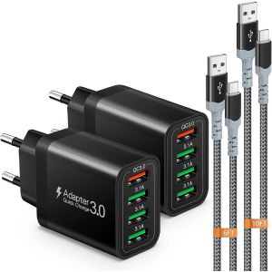 JGD-Chargeur USB, bloc d'alimentation 4 ports 33 W avec chargeur rapide QC 3.0 USB, multiple, avec 2 c&acirc;bles de charge rapide de 2 m/3 m, adaptateur pour iPhone 16/15, Galaxy S24/23/22/21, iPad Pro, L - Neuf