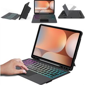 Étui De Protection Pour Galaxy Tab S9 Fe+/S9+/S10+ Plus 12,4"" Avec Clavier Qwertz - Clavier Amovible Avec Pavé Tactile Et Éclairage 7 Couleurs, Mise En Veille/Réveil Automatique, Support - Neuf