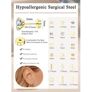 18 Paires Acier Inoxydable 316l Lune Étoile Boucles D'oreilles Pour Femmes Hommes Cz Incrusté C?ur Croix 20g Cartilage Boucle D'oreille Piercing Bijoux[Bou9241398] - Neuf