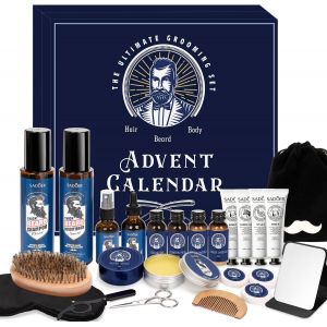JEXNOVASHOP-Calendrier de l'Avent 2025 pour Hommes, 24PCS kit d'entretien de la Barbe de Qualit&eacute; Sup&eacute;rieure, Calendrier de No&euml;l pour le Corps, le Visage, la Barbe et les Cheveux, Cadeaux de No&euml;l pour - Neuf
