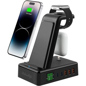 THEF-Station de charge sans fil 8 en 1 avec 6 ports USB, chargeur sans fil 120 W avec 2 PD et 3 QC3.0 pour plusieurs appareils, station d'accueil magnétique Qi compatible avec iPhone iWatch - Neuf