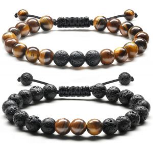 Kal-Bracelet Homme Bracelet Pierre Naturelle 8mm Bracelet Perle Homme R&eacute;glable Oeil De Tigre Pierre De Lave Faits &Agrave; La Main Bracelets Homme Bijoux Cadeau Bracelets Pour Homme Femme - Neuf