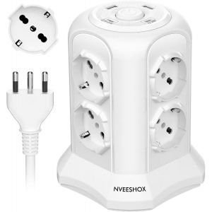 Multiprise avec 8 prises universelles ITA 10/16 A et Schuko, 2 USB-C et 2 USB-A (20 W PD3.0), 4000 W/16 A, tour de protection surtension avec interrupteur, 2 m c&acirc;ble (blanc) - Neuf