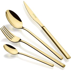 Kgabery-Verona Gold|Ménagère 24 Pièces En Acier Inoxydable 18/10,Design Avant-Gardiste Et Moderne,Finition Polie Or Brillant,Épaisseur 3 Mm (6 Personnes) - Neuf
