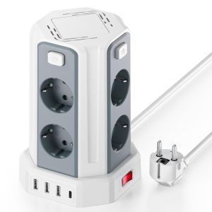 Tour Multiprise avec Interrupteur,Multiprise Parafoudre et Surtension avec 8 Sortie AC et 4 Ports USB(Max 5V/3.4A) Prise Multiple Rallonge Electrique 2M Convient pour Maison,Bureau,Blanc - Neuf