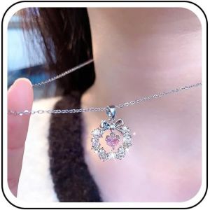 Kal-Collier Cercle Cz Collier Pendentif Cercle Ouvert Cz Collier Coeur Rose Minuscule Collier De Mariage En Cristal Brillant Collier Noeud Papillon En Argent Cha&icirc;ne Bijoux - Neuf