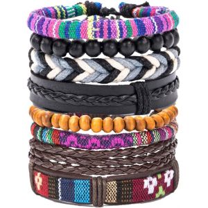 Kal-Bracelet En Cuir Pour Homme Et Femme - Bracelet Tress&eacute; - Perles En Bois - Bracelet Boh&egrave;me - Neuf