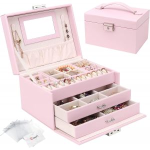 Boîte À Bijoux, Coffret À Bijoux Avec Miroir Et 2 Tiroirs, Rangement Bijoux Coffret Bijoux Verrouillable De Voyage À 3 Couches, Organisateur De Bijoux Pour Colliers, Bagues, Rose - Neuf