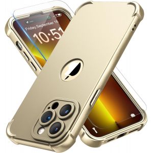 Kal-Coque Pour Iphone 14 Pro Max + 2 Pièces Verre Trempé Protection Écran, Antichoc Souple Silicone Tpu Arrière Rigide Pc Avant Housse De Protection Pour Iphone 14 Pro Max 6,7"" Or - Neuf