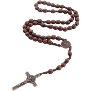 Trahoo-Collier Croix Homme Chaine Pendentif Croix Perle De Prière En Bois Naturel Avec Médaillon De Jésus - Christ Saint Benoît Baptême Eucharistique Pour Les Hommes Et Les Femmes Chrétiens - Neuf