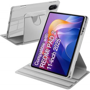 KAL-Coque Compatible Avec Xiaomi Redmi Pad 2 11 Pouces 2025 Avec Porte Pencil, Étui Housse Dos Transparent Antichoc, Rotation À 360° Support, Veille/Réveil Auto, Gris - Neuf