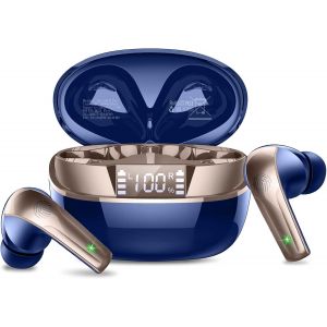 Ecouteurs Bluetooth sans Fil, Ecouteurs Bluetooth 5.4 St&eacute;r&eacute;o avec ENC R&eacute;duction de Bruit Mic, 48H de Lecture Mini Oreillette sans Fil avec &Eacute;cran LED, IP7 &Eacute;tanches Casque, Contr&ocirc;le Tactile, Or Noir - Neuf