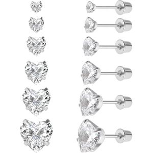 Tianyi-Lot De 6 Paires De Clous D'oreilles En Acier Inoxydable Chirurgical Avec Vis Arri&egrave;re Plaqu&eacute; Or 18 Carats En Forme De Coeur, &Eacute;toile, Carr&eacute;, Coupe Princesse, Rondes, Zircons Cubiques Blancs, Pour - Neuf
