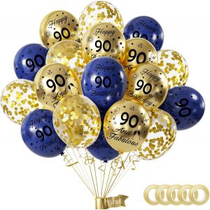 Decoration Anniversaire 90 ans,15pcs 12"" 90 Ans Décoration Anniversaire de Fête en Bleu Or,Ballon Anniversaire Kit Ballon Or Bleu,Deco Anniversaire pour 90 ans Anniversaire Garcon Fille Femme Homme - Neuf