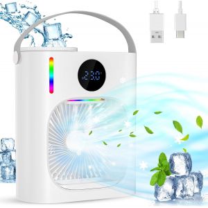 Climatiseur Mobile, Climatiseur Portable Silencieux 900ML, 4 en 1 Refroidisseur d'Air, USB Mini Air Climatiseur Ventilateur, 3 Vitesses, 2 Modes de Brumisation, Mini Climatiseur pour Chambre (A) - Neuf