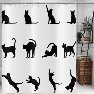 SJZG-Rideau De Douche Dr&ocirc;le De Chat 120X180, Silhouette De Chat Noir Pour Bain Enfants, Mignon Animal De Bande Dessin&eacute;e, Art Minimaliste Noir Et Blanc, Tissu &Eacute;tanche Lavable - Neuf