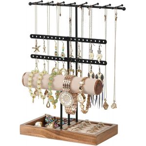 Jexnovashop-Pr&eacute;sentoir &Agrave; Bijoux, Presentoir Boucle D'oreille Avec Base En Bois, Avec 38 Trous, Porte Bijoux Femme Pour Colliers, Bracelets, Boucles D&iquest;Oreilles, Pinces, Bagues (A) - Neuf