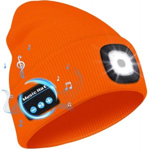 Bonnet Bluetooth Avec Led Lampe, Bonnet Musique Bluetooth V5.0 Avec &Eacute;couteurs Sans Fil Usb Rechargeable Bonnet Tricot&eacute; D'hiver Chaud Chapeau Lumiere Frontale, Cadeau De No&euml;l Pour Homme Femme - Neuf