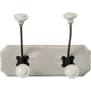 Porte-manteau mural en bois avec 2 crochets en m&eacute;tal et c&eacute;ramique en blanc et noir 19 x 48 x 14 cm - Neuf