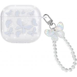 Coque Transparent Compatible avec Airpods 4 G&eacute;n&eacute;ration avec Porte-cl&eacute;s, Housse en Silicone avec Dessin de Papillon Blanc pour Filles, &Eacute;tui de Protection Antichoc Anti-Rayures Anti-poussi&egrave;re - Neuf