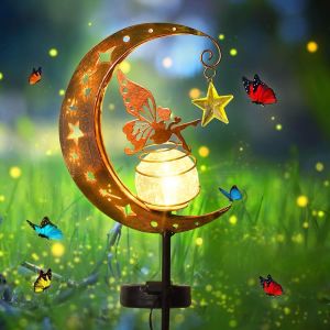 Lampe Solaire De Jardin En Forme De Lune - Lampe Solaire D'ext&eacute;rieur - Boule En Verre - D&eacute;coration De Jardin Pour Cour, Pelouse, F&eacute;e Des Fleurs - Lampe Solaire Avec Piquet De Terre - - Neuf