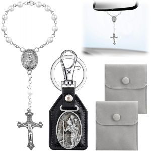 Kalanka-Chapelet De R&eacute;troviseur Avec Porte-Cl&eacute;s Saint Christophe Sac Cadeau En Velours, Chapelet Voiture Pour St Christophe Pour Voiture Ornements De Voiture Pendentif Voiture - Neuf