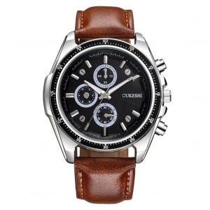 Mode Affaires Hommes Pu Sangle Cadran Rond Montre Mouvement Quartz Montre-Bracelet Analogique (Marron + Noir) - Neuf