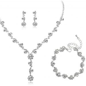 Meimie-Parure Bijoux Femme,Collier Femme Fantaisie,Bridalmariage Collier Boucles,Bracelet Set Argent Cristal,Pourmariée Pendentif Bijoux De Bal Demariage Encristal Accessoires Pour Femmes(Argent¿ - Neuf
