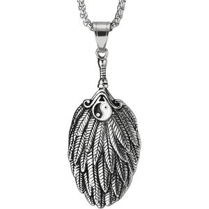 Kal-Vintage Plume Aile D'ange Pendentif Collier Avec Noir Blanc Email Yin Yang - Femmes Homme Acier - 75cm Cha&icirc;ne Bl&eacute; - Neuf