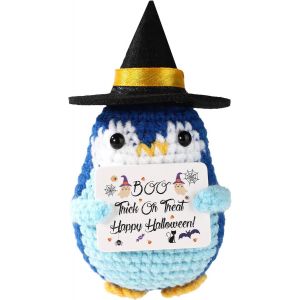 CAUC-Pingouin Positif, Poupée au Crochet Faite à la Main avec Chapeau de Sorcière et Carte à Thème Halloween Idéale pour la Décoration de Maison Ou du Bureau (Bleu) - Neuf