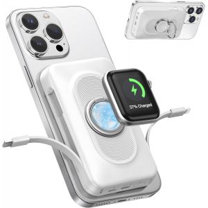 Magn&eacute;tique Powerbank avec 2 c&acirc;bles,Chargeur Portable 5 en 1 pour Apple Watch et iPhone,10000 mAh,sans Fil,avec Support annulaire,pour iPhone 16/15/14/13/12,iWatch Ultra/10-1 - Neuf