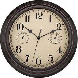MEVRONISSHOP-Horloge Murale Ext&eacute;rieure &Eacute;tanche avec Thermom&egrave;tre & Hygrom&egrave;tre - Design Vintage Silencieux sans Tic-Tac 30 cm D&eacute;coration Jardin, Salle de Bain, Cuisine, V&eacute;randa (Brun) - Neuf