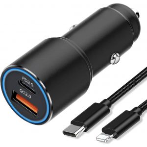 JGD-Chargeur Voiture USB C PD &QC 3.0 pour iPhone 14 12/13 Pro/14 Pro Max/12 Mini/Se 2020 2022 XR XS X 11 7/8 Plus,XS Max,Chargeur Auto Allume Cigare Rapide 36W Power Delivery/Quick Charge 3.0+Cable - Neuf