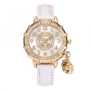 Montre Zhoulianfa Pour Femme En Alliage Avec Pendentif Rose Et Strass, Bracelet En Cuir Pu (Blanc) - Neuf