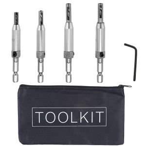Lot de 4 forets de centrage automatique pour charni&egrave;re - Avec sac de rangement - Guide de forage HSS - Mat&eacute;riel de charni&egrave;re HSS - Pour le travail du bois Foret de fen&ecirc;tre de porte r&eacute;glable avec cl&eacute; - Neuf