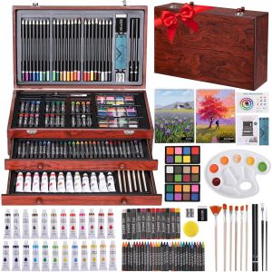 Kit de coloriage de 202 pi&egrave;ces pour enfants, mallette de coloriage Deluxe avec crayon de couleur, mallette &agrave; dessin, kit de peinture avec crayons de cire, chevalet, crayons aquarelle, couleurs - Neuf